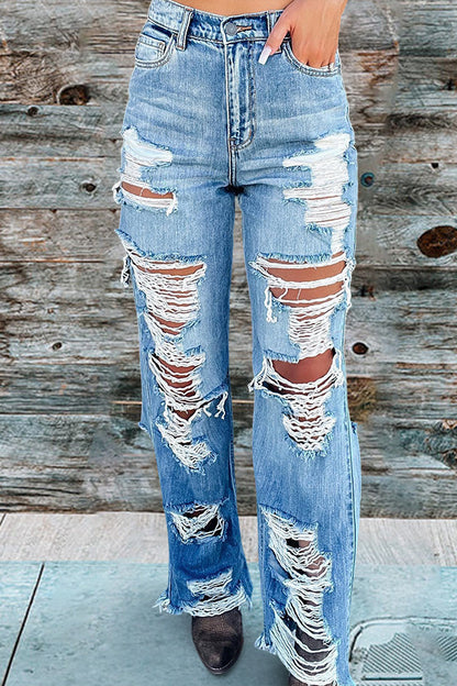 Vintage Wash Ripped Wide-Leg Jeans