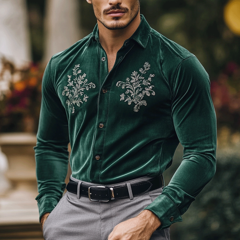 Men's Regular Fit Crushed Embroidery Emerald-green Velvet Shirt