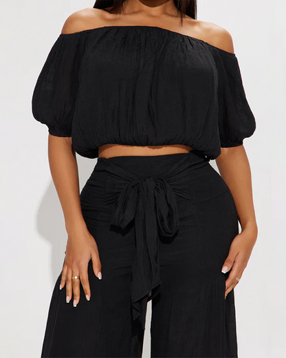 One-Shoulder Bubble Sleeve High-waist Trousers Sets