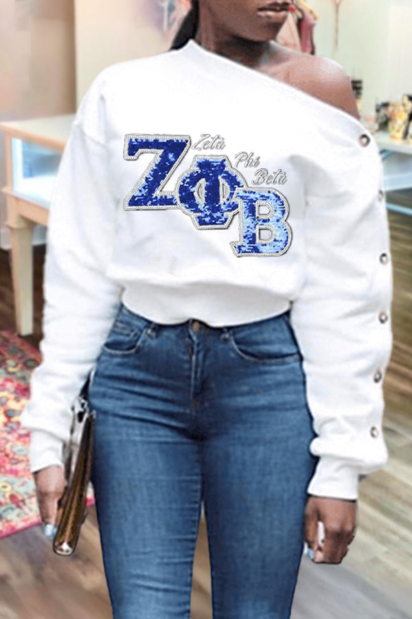 Elegant Buttoned Contrast Sequins Zeta Phi Beta Sweatshirt