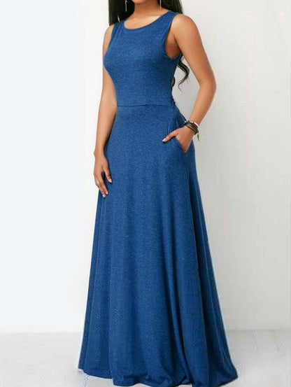 Plain Pockets Cut Out Crew Neck Sleeveless Maxi Dress [Pre-Order]