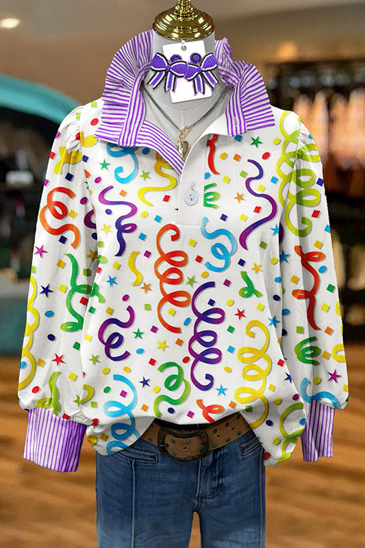 Cute Mardi Gras Print Puff Sleeve Blouse