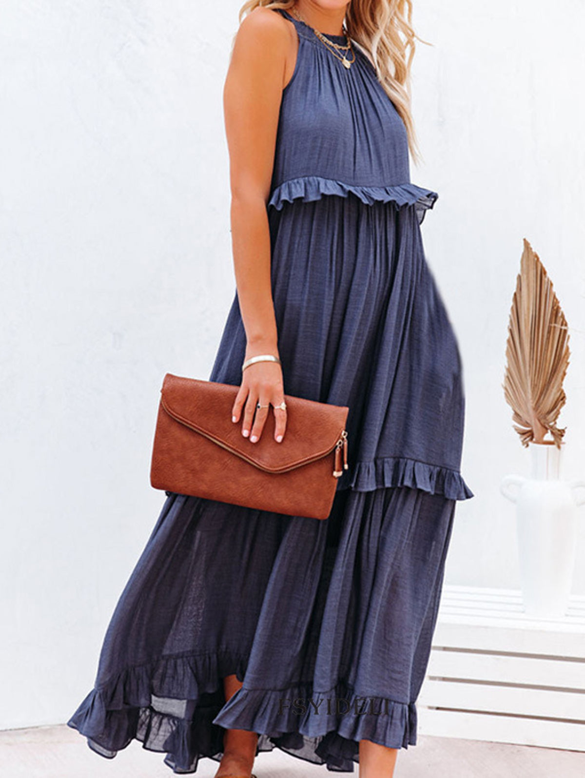 Casual Plain Ruffle Trim Smocking Sleeveless Maxi Dress