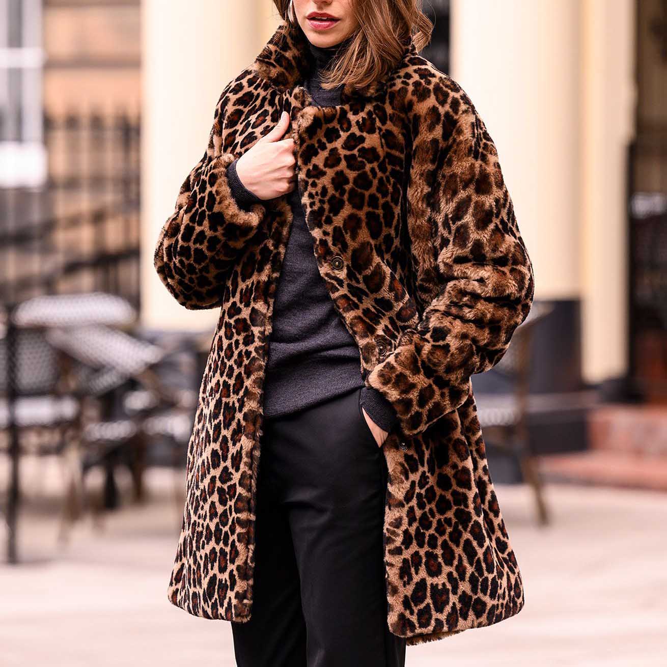 Women's Vintage Leopard Print Fleece Mid-Length Revere Collar Shearling Coat Jacket