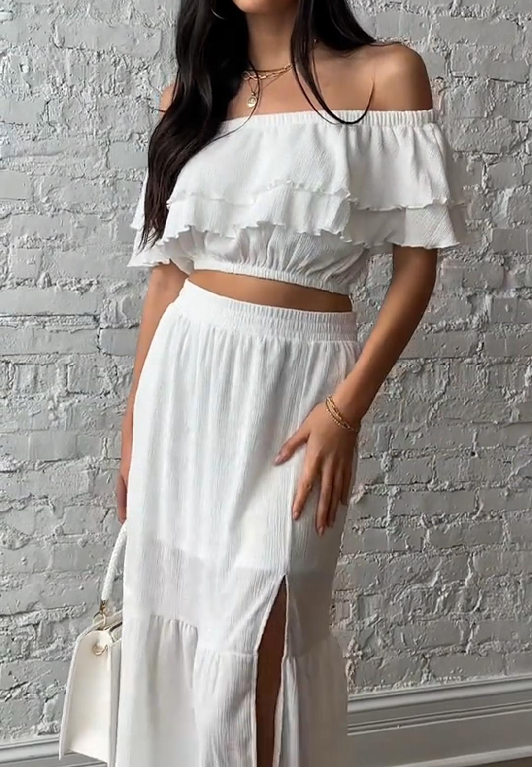 Ruffled Sleevesless Slit Dress Two Piece Set