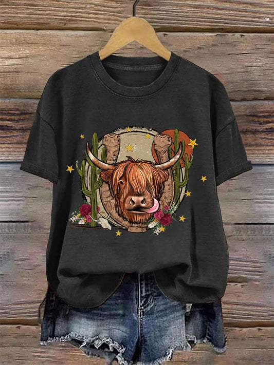 Women's Western Highland Cow Print Casual T-shirt