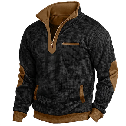 Men's Vintage Waffle Contrast Pocket Quarter Zip Stand Collar Sweatshirt