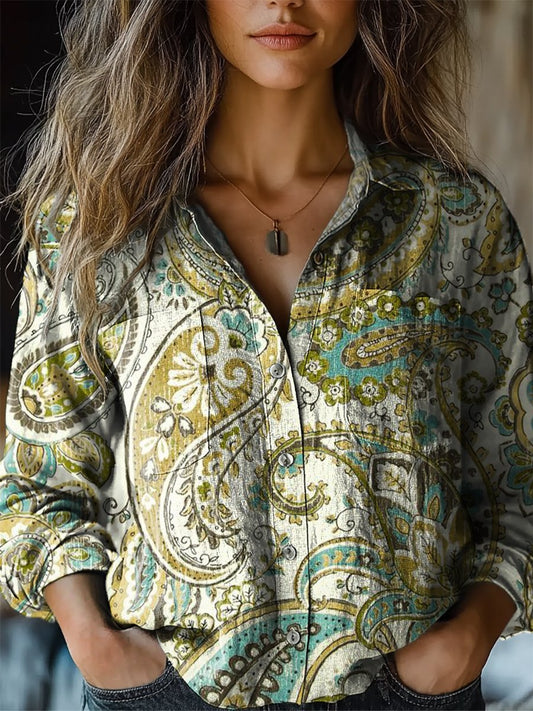 Women's Retro Paisley Floral Print Casual Long Sleeve Comfortable Cotton Shirt