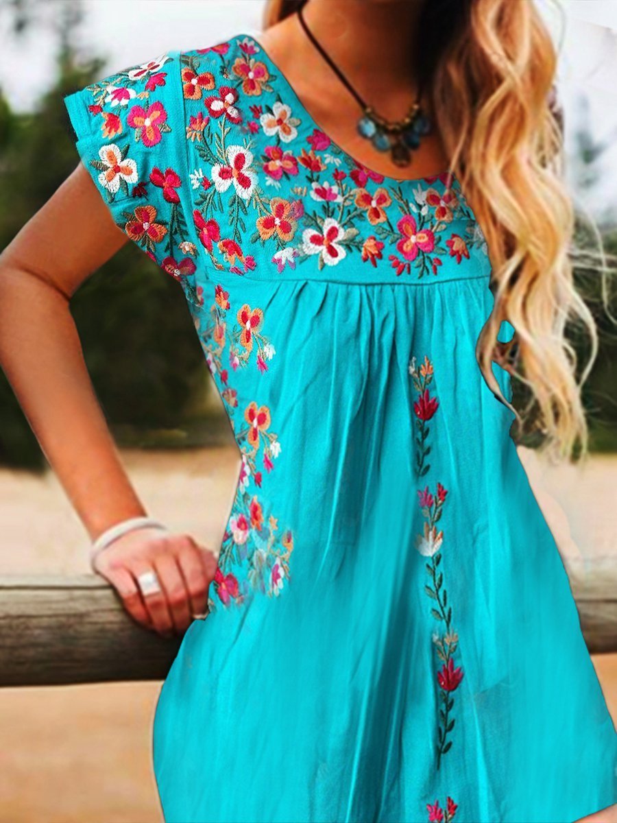 Crew Neck Short Sleeve Floral-Print Dresses