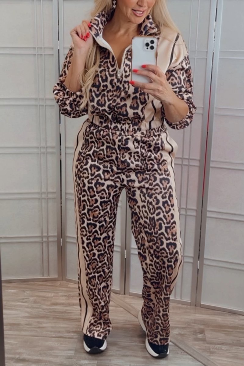 Women's Casual Patchwork Leopard Print Pants Suit