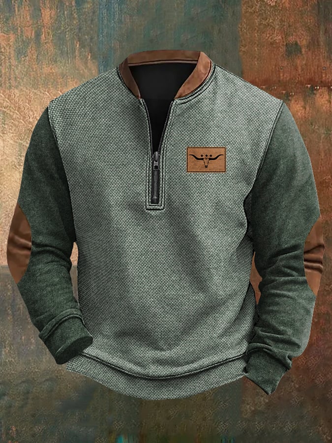 Men's Retro Western Print Zip-Up Sweatshirt