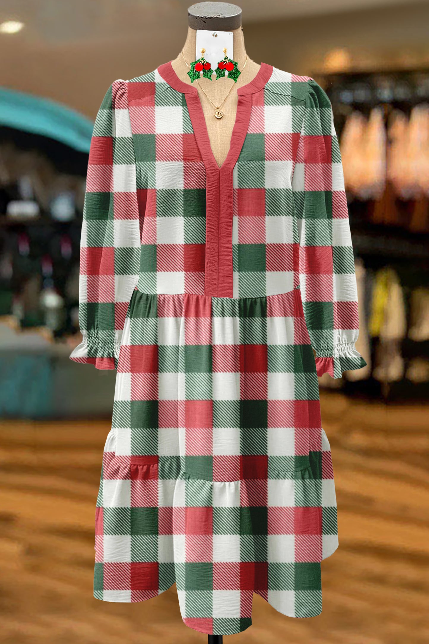 Christmas Plaid Print Textured Fabric Dress