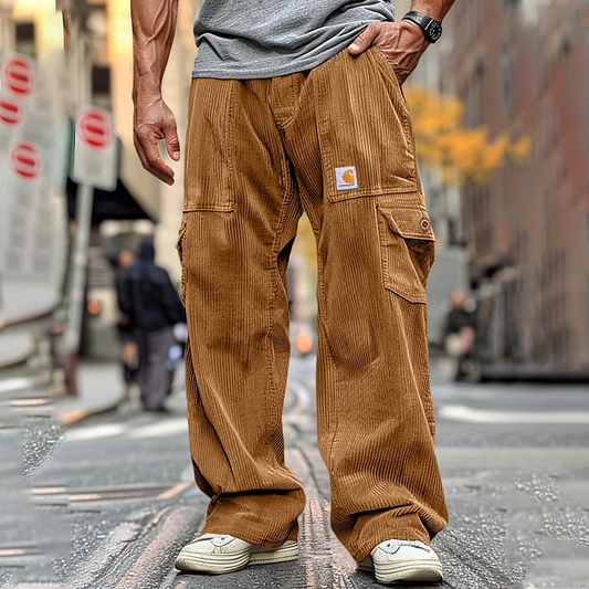 Men's Loose Outdoor Vintage Corduroy Multi Pocket Work Khaki Pants