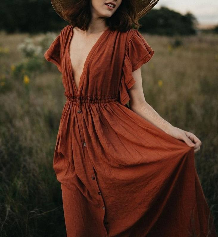 Boho V Neck Solid Color Dress Midi Dress