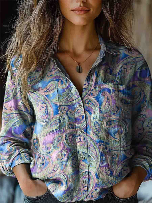 Women's Paisley Floral Art Print Long Sleeve Comfortable Cotton Shirt