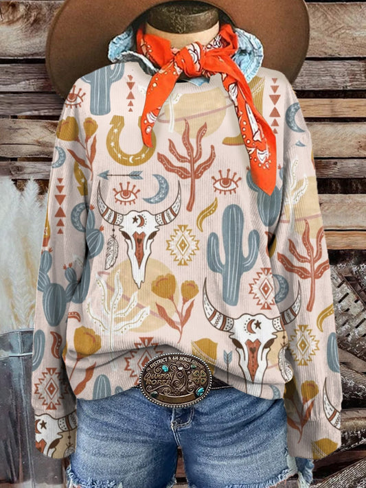 Women's Vintage Cactus Aztec Bull Head Art Print Casual Corduroy Sweatshirt