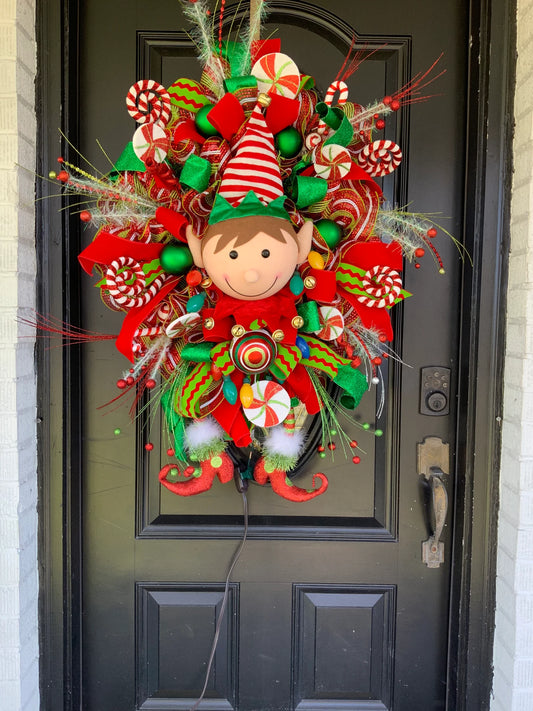 Elf Wreath, Lighted Christmas wreath, Christmas Door wreath, Door Decor, christmas Decor