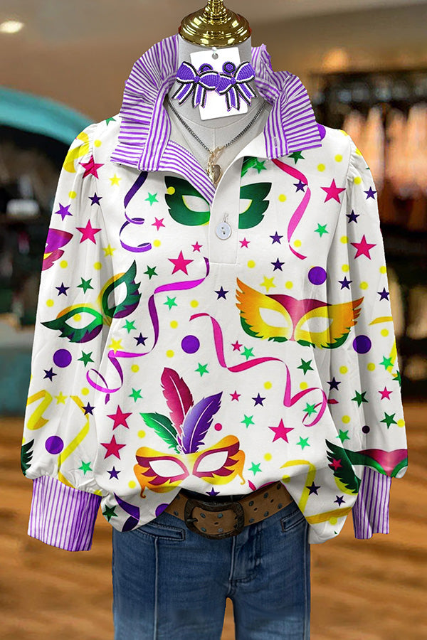 Cute Mardi Gras Print Puff Sleeve Blouse