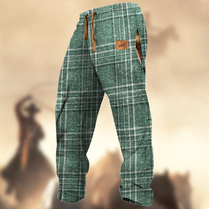 Men's Retro Green&White Plaid Elk Sports Casual Sweatpants