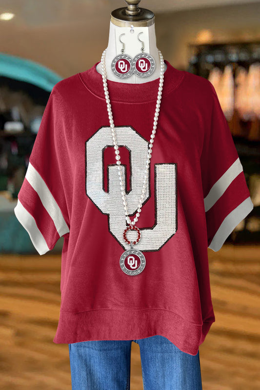 Casual OU Letter Prints Crew Neck Blouse