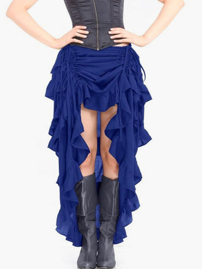 Solid Ruffled High Low Hem Drawstring Tiered Skirt