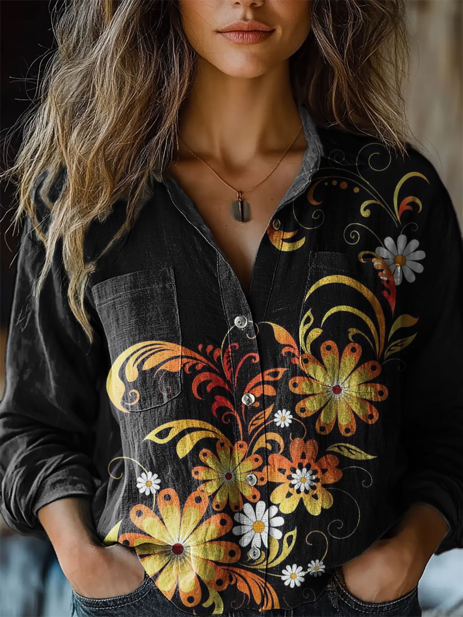 Women's Floral Art Print Casual Long Sleeve Comfortable Cotton Shirt