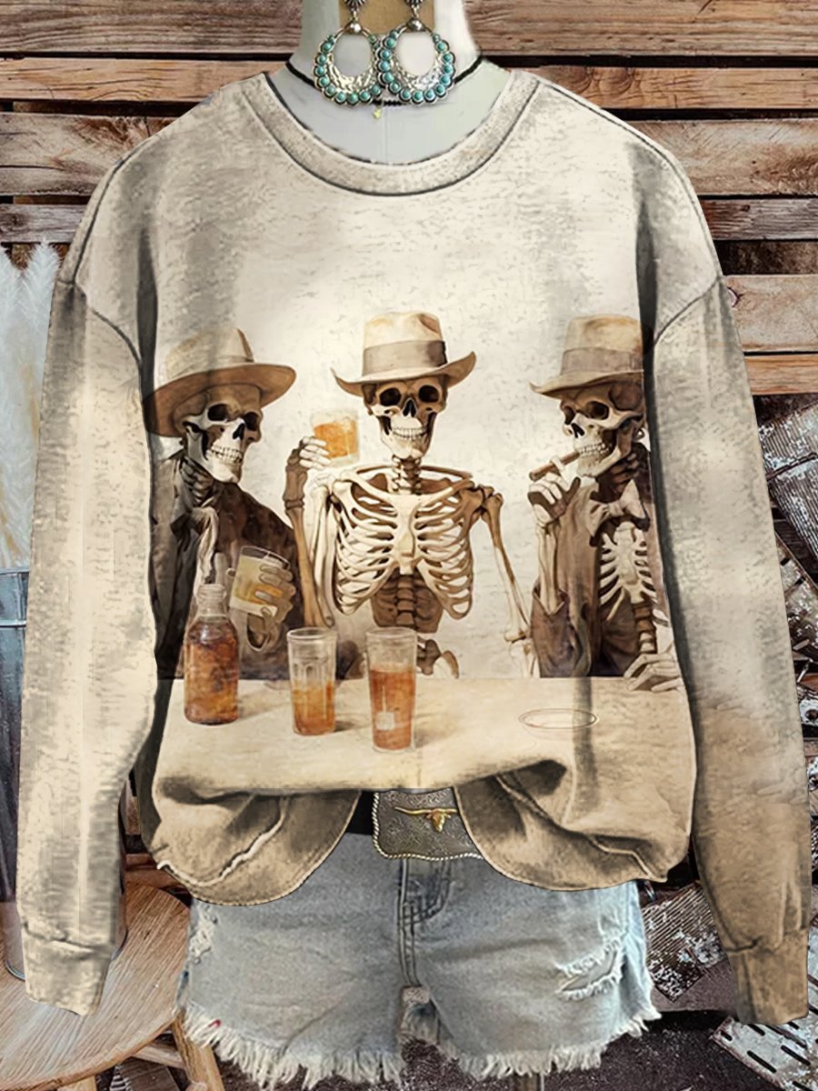 Skull Cowboy Print Casual Sweatshirt