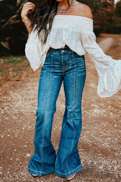 Vintage Washed Button High Waist Flared Jeans