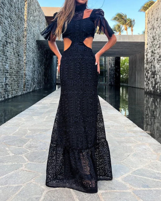 Hollow-Waist Strapped Fringed Long Dress