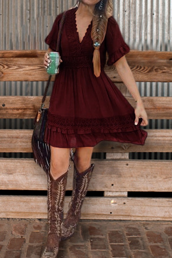 Casual Lace Ruffle Mini Dress