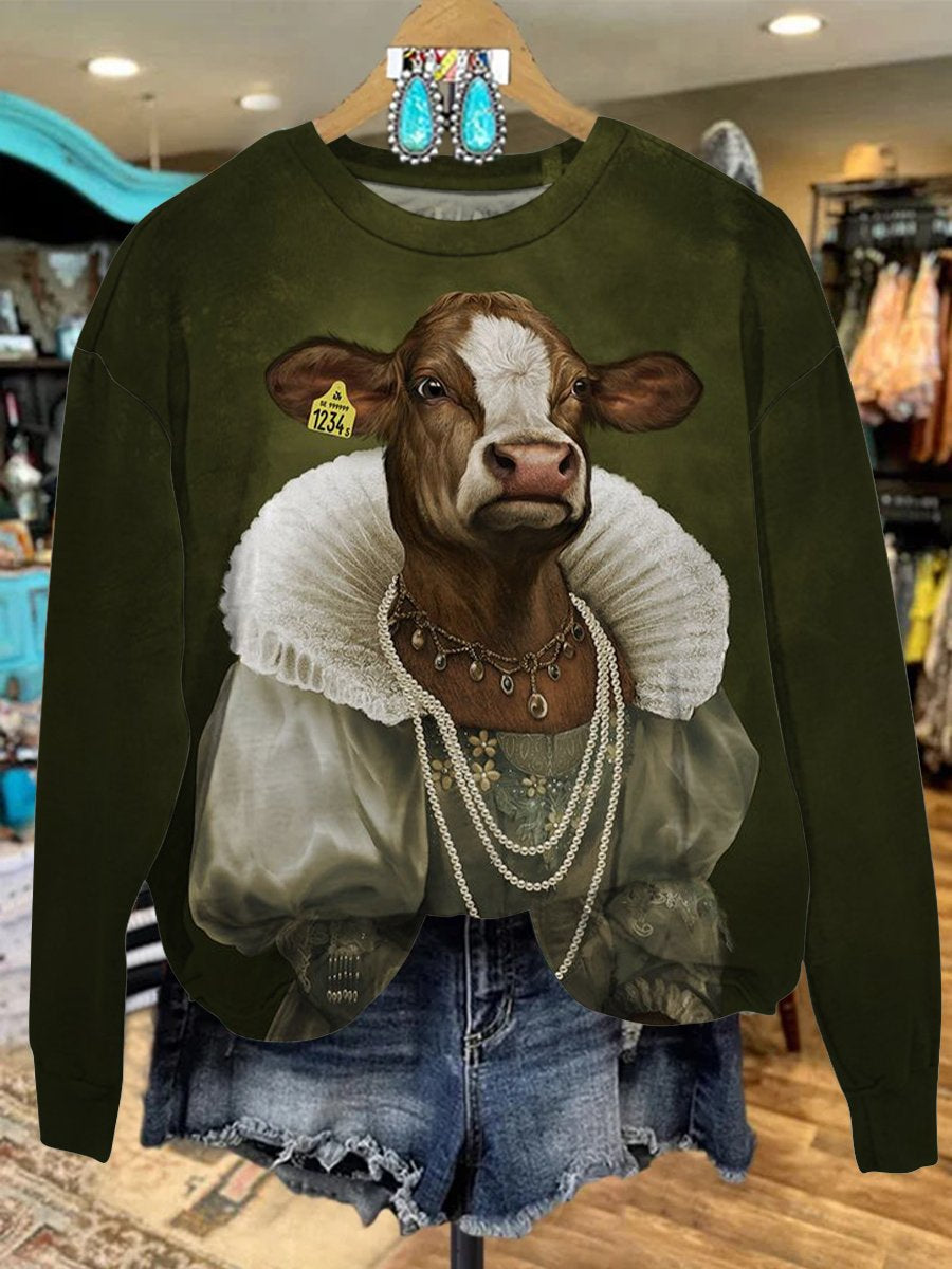 Vintage Medieval Noblewoman Cow Print Casual Sweatshirt