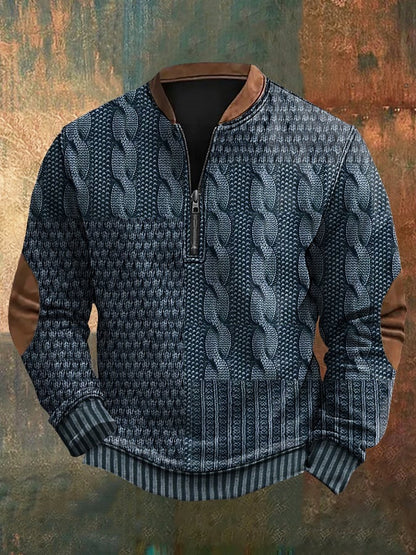 Men's Vintage Western Zipper Stand Collar Khaki  Print Casual Sweatshirt