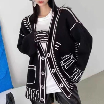 Sweater Black And White Profile Jacquard Loose Knitted Women's Cardigan