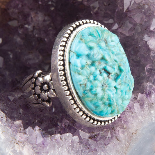 Barse Carved Blue Turquoise and Sterling Silver Cocktail Ring