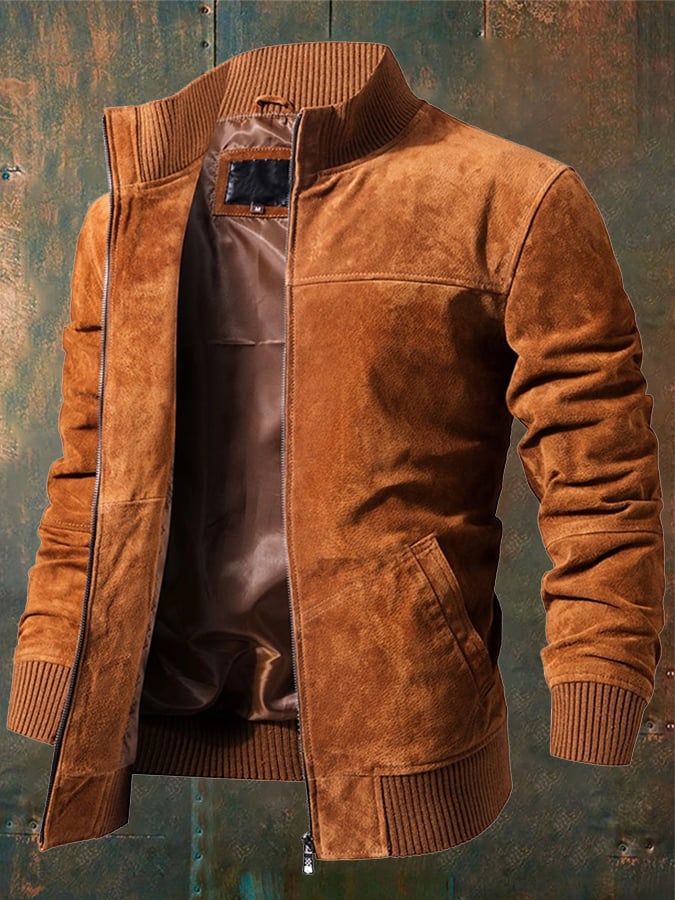 Men's Vintage Suede Pocket Ribbed Stand Collar Outdoor Jacket