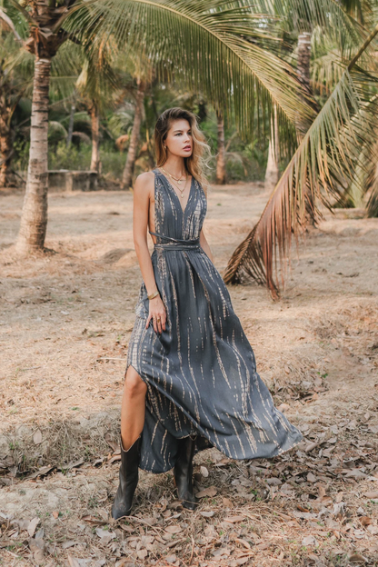 Goddess Tie Dye Dress Dark Gray/Maxi Long Boho Dress