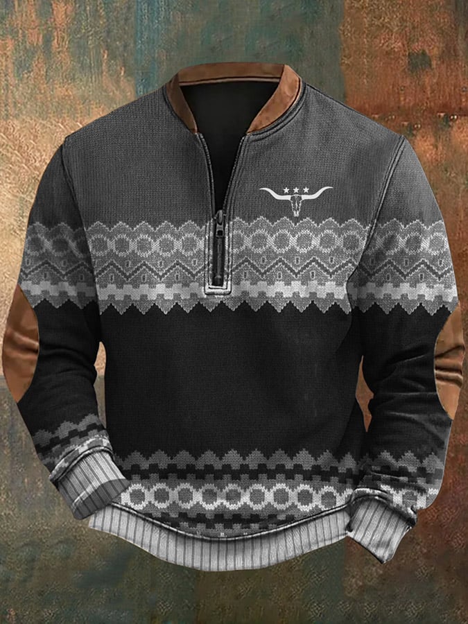 Men's Vintage Western Knit Print Zip-Neck Sweatshirt