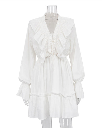 V-Neck Smocked Bell-Sleeved Ruffled White Mini Dress