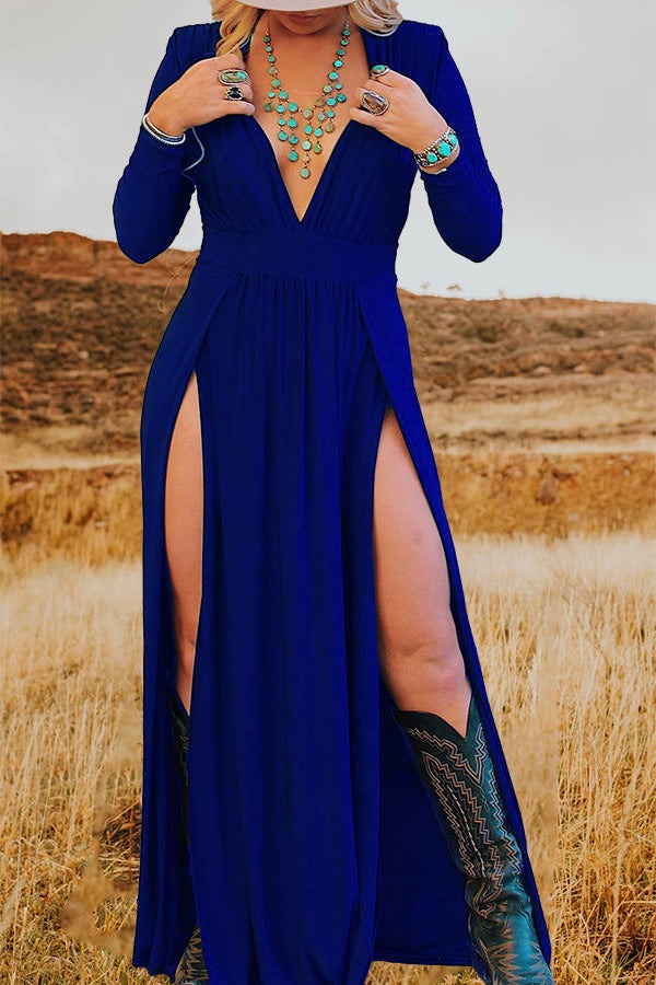 Women's Western Denim Slit Deep V Neck Maxi Dress