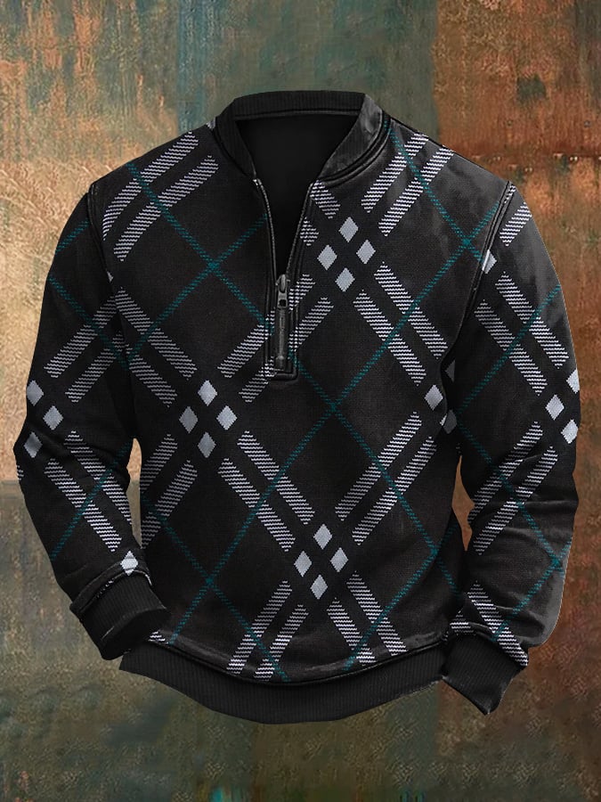 Men's Vintage Check Western Print Zip-Up Sweatshirt