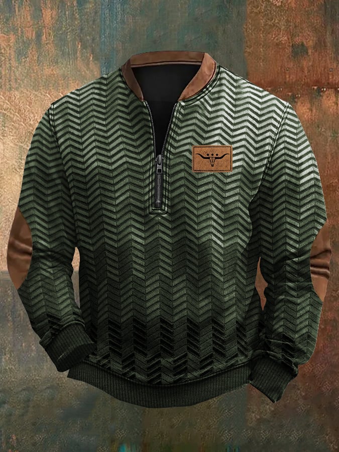 Men's Vintage Herringbone Western Print Zip-Up Sweatshirt