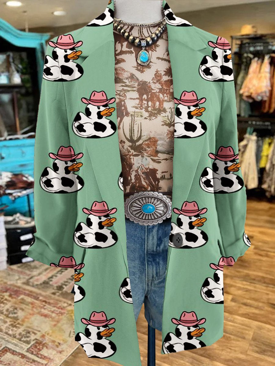 Women's Fashion Wild West Cowboy Duck Art Print 3/4 Sleeve Casual Blazer