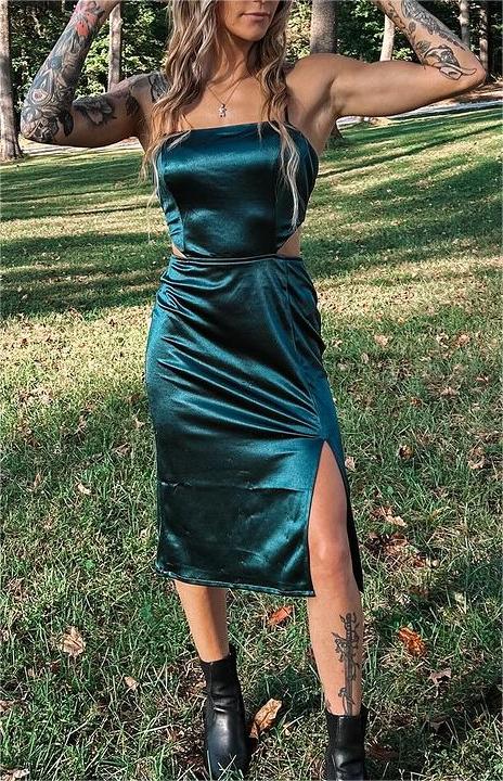 Green Crisscross Back Split Dress