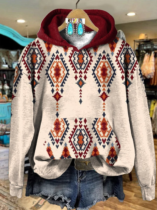 Maroon Vintage Aztec Print Casual Hoodie Sweatshirt