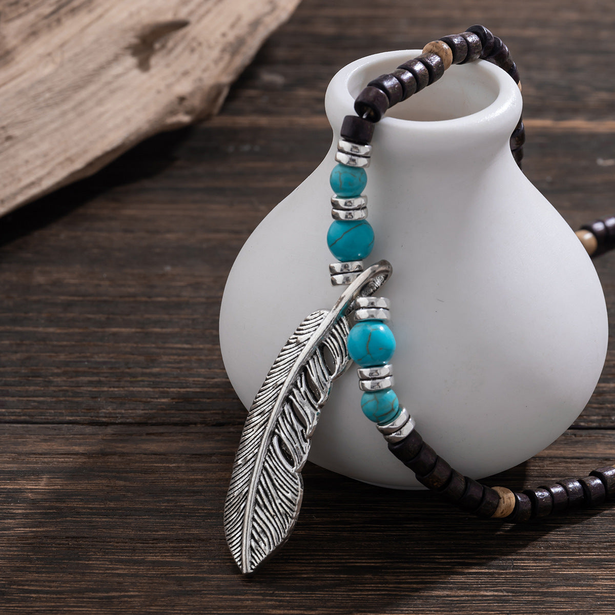 Bohemian Vintage Wood Bead Turquoise Feather Necklace