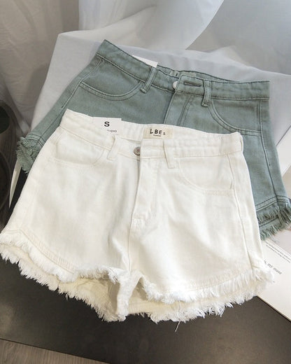 Solid Color Retro High Waist Raw Edge Fringed Denim Shorts