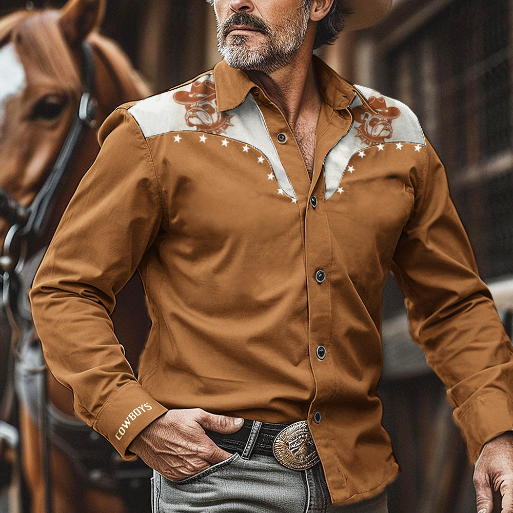 Men's Retro Western Nomad Dog Print Long Sleeve Shirt