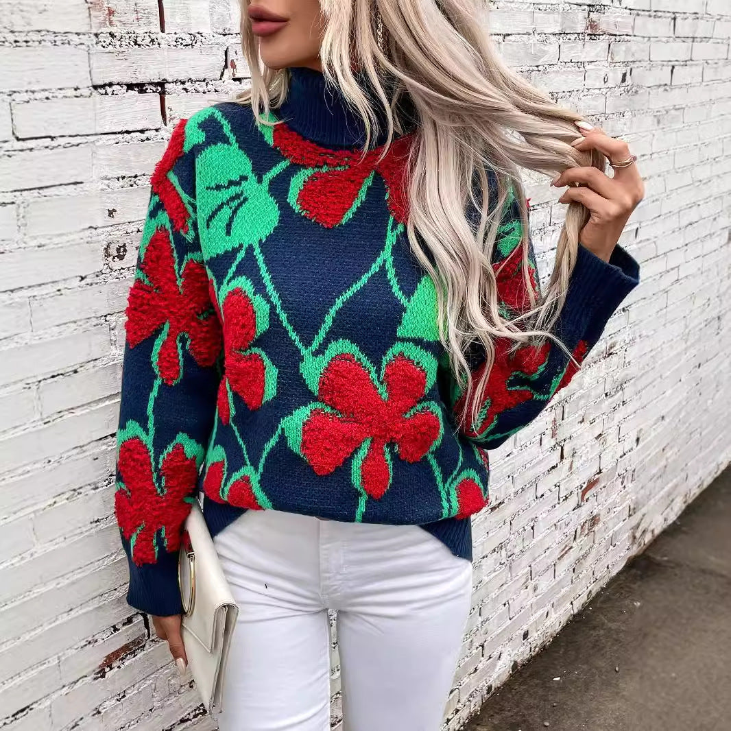 3D Flocked Flower Pattern Sweater For Women Autumn And Winter Lapel Knitted Sweater Top