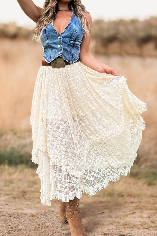 Beautiful Tiered Ruffled Hem Lace Skirt