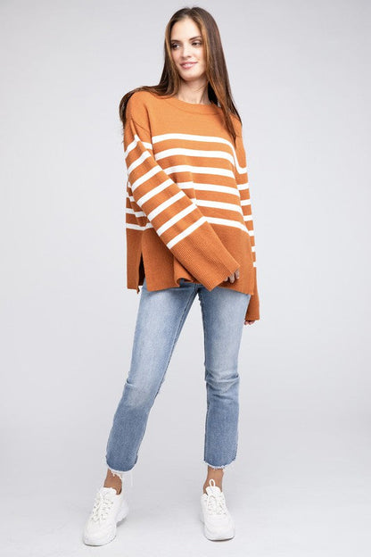 Ribbed Hem Stripe Sweater Rust or Black